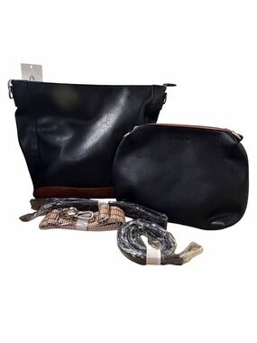 HKCLUF Black Crossbody Bag Set with Brown Trim